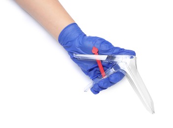 Photo of Doctor holding disposable vaginal speculum on white background, top view. Gynecological care