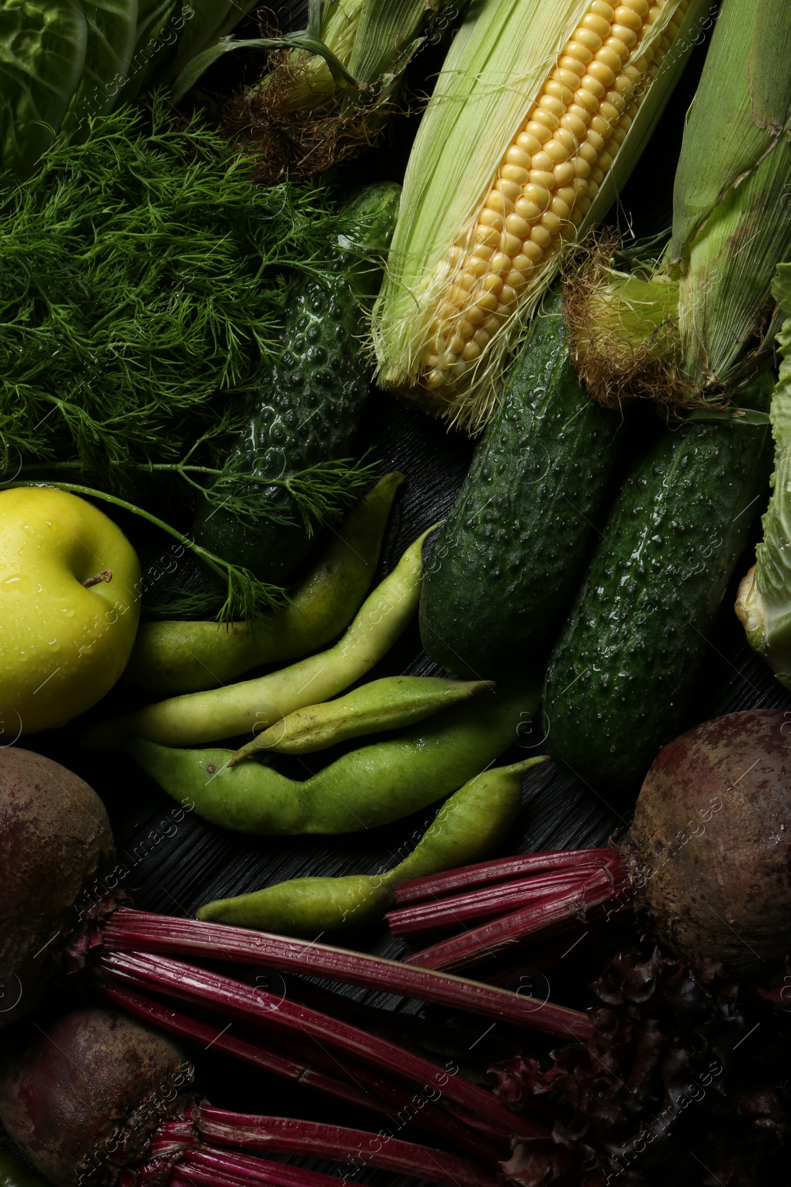 Photo of Different fresh ripe vegetables and fruits on table, flat lay. Farmer produce