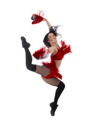 Image of Beautiful cheerleader in costume jumping on white background