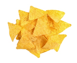 Photo of Tasty Mexican nachos chips on white background, top view