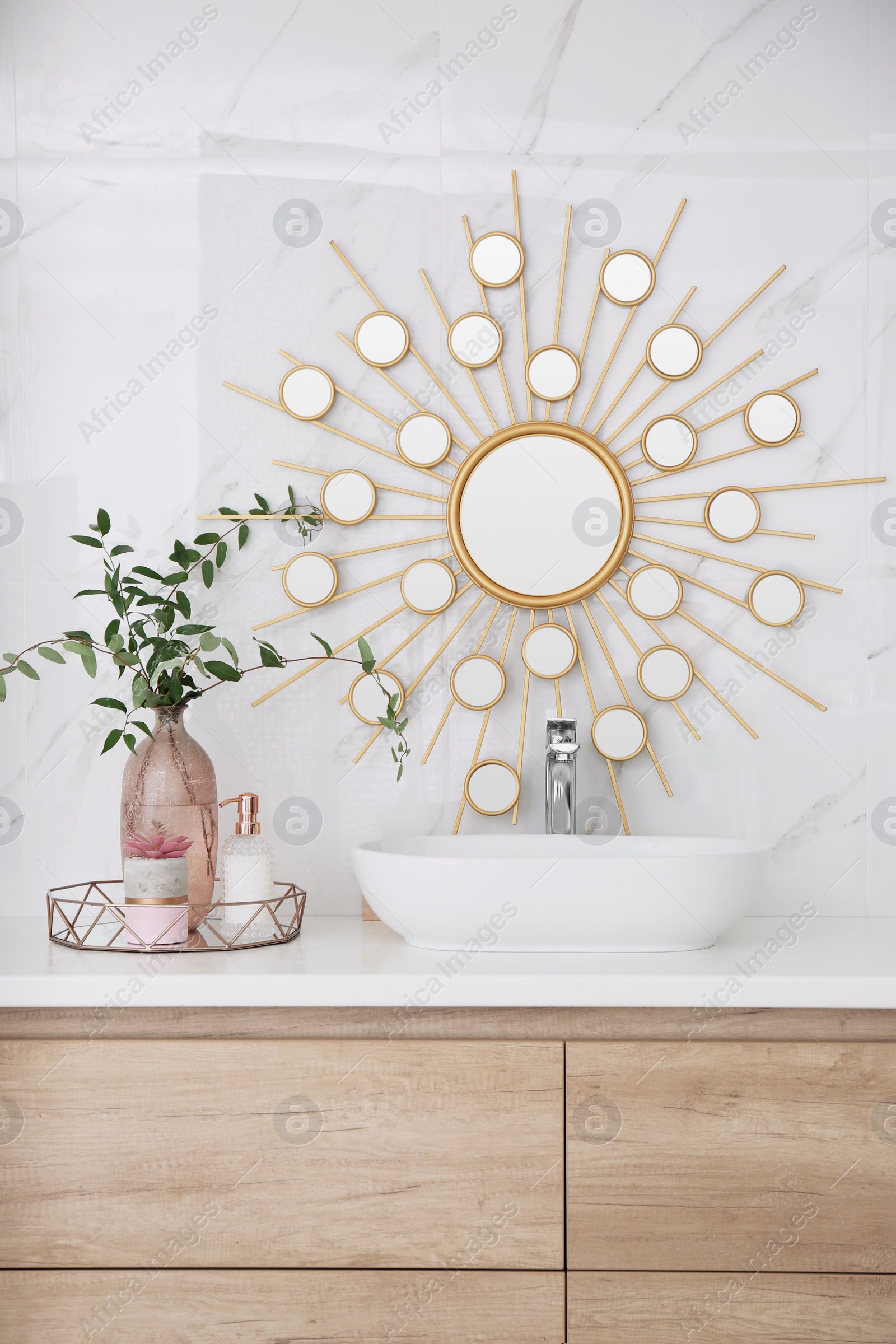 Photo of Modern bathroom interior with stylish mirror and vessel sink