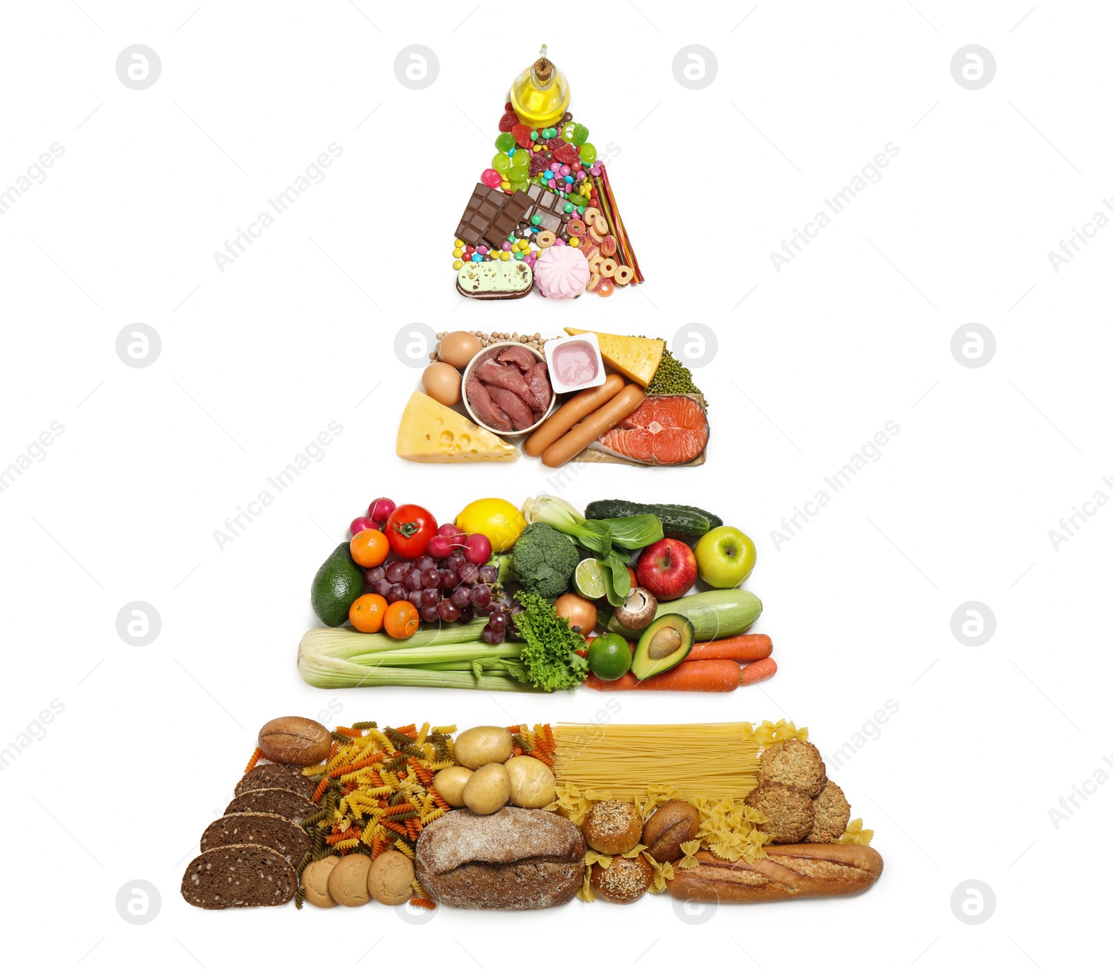 Photo of Food pyramid on white background, top view. Healthy balanced diet