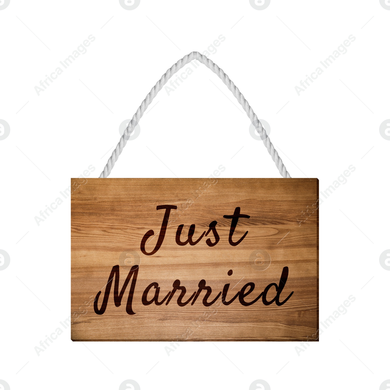 Image of Honeymoon. Wooden board with words Just Married on white background