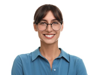 Photo of Portrait of happy secretary in glasses on white background