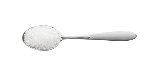 Photo of Metal spoon with salt isolated on white, top view