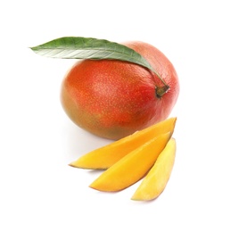 Photo of Delicious ripe mangoes on white background. Tropical fruit