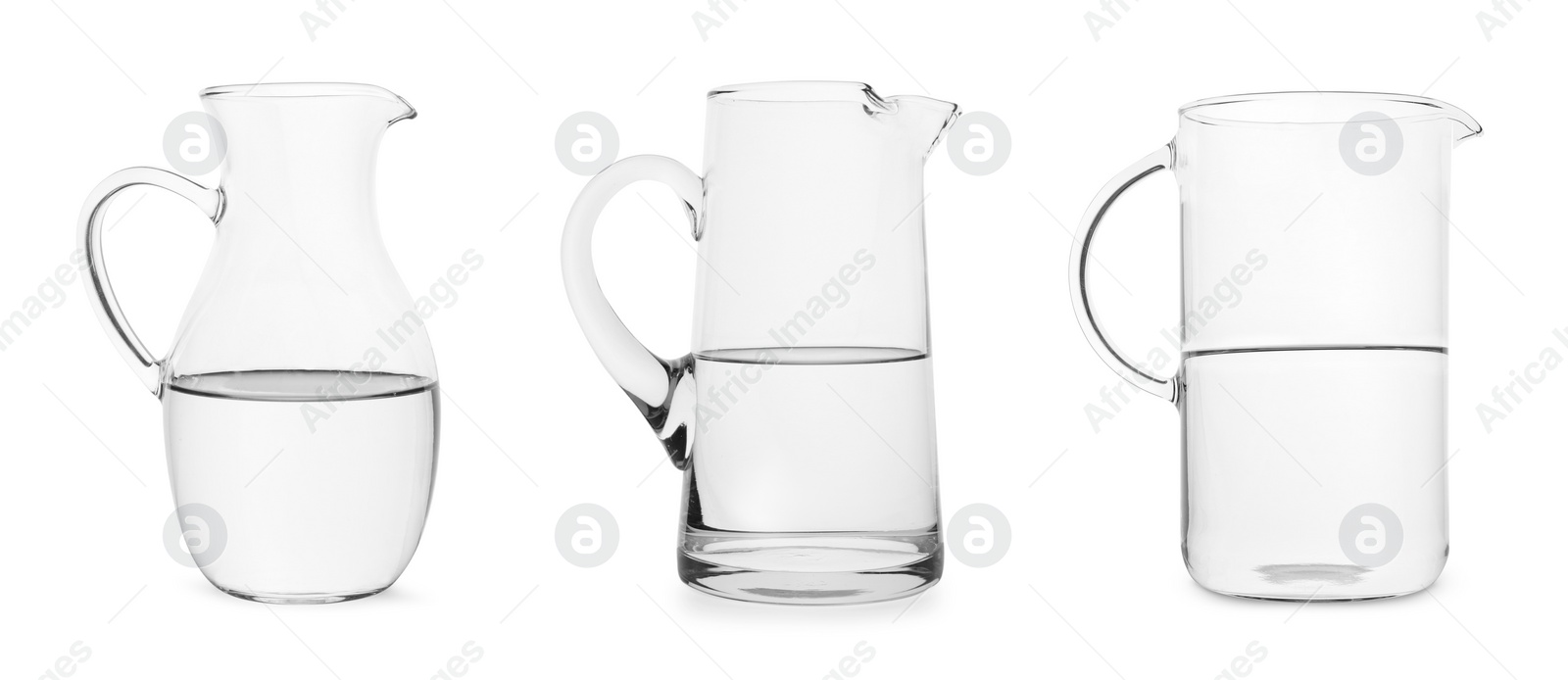 Image of Glass jugs half-filled with water isolated on white, collection