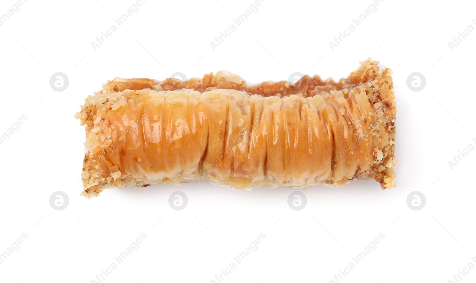 Photo of Eastern sweets. Piece of tasty baklava isolated on white, top view