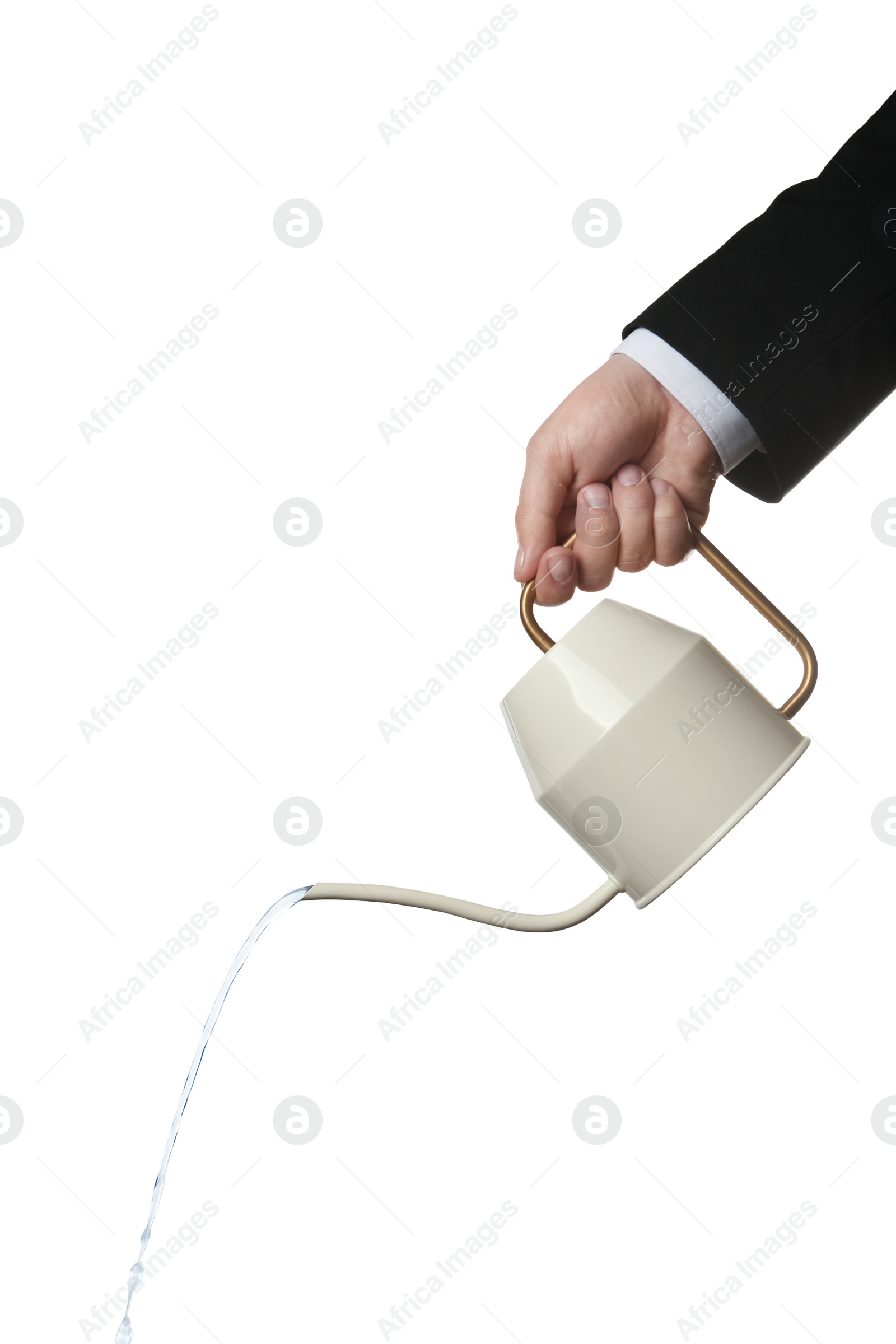 Photo of Businessman pouring water from can on white background, closeup