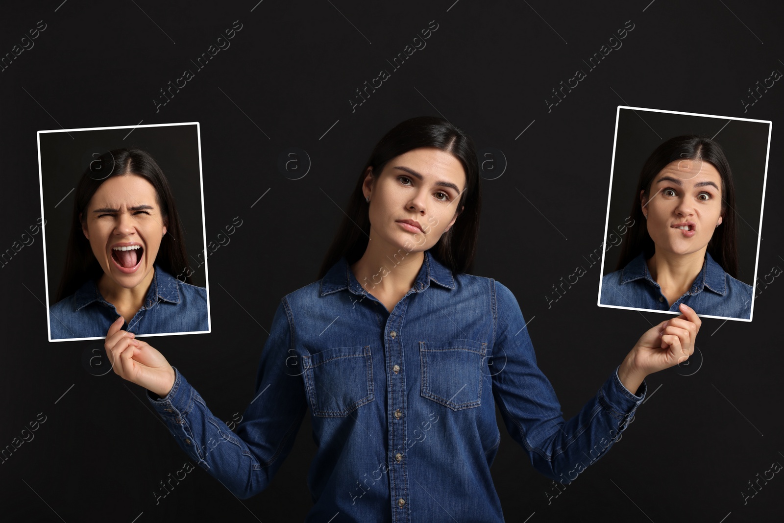 Image of Woman holding her photo portraits showing different emotions on black background. Balanced personality