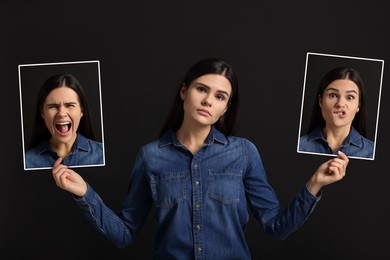 Image of Woman holding her photo portraits showing different emotions on black background. Balanced personality