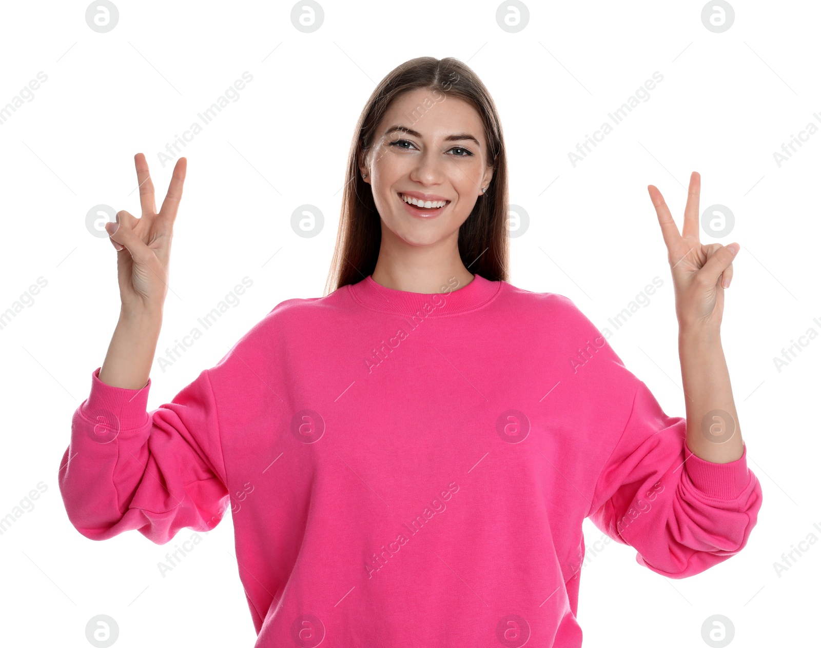 Photo of Woman showing number four with her hands on white background