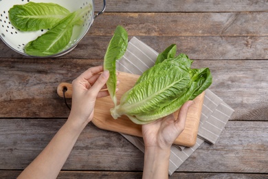 Photo of Woman with fresh ripe cos lettuce on wooden table, top view