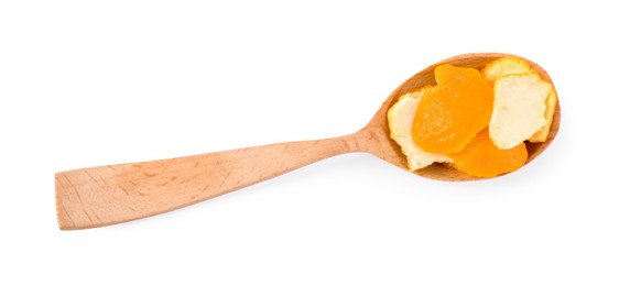Photo of Spoon with orange peels preparing for drying isolated on white, top view