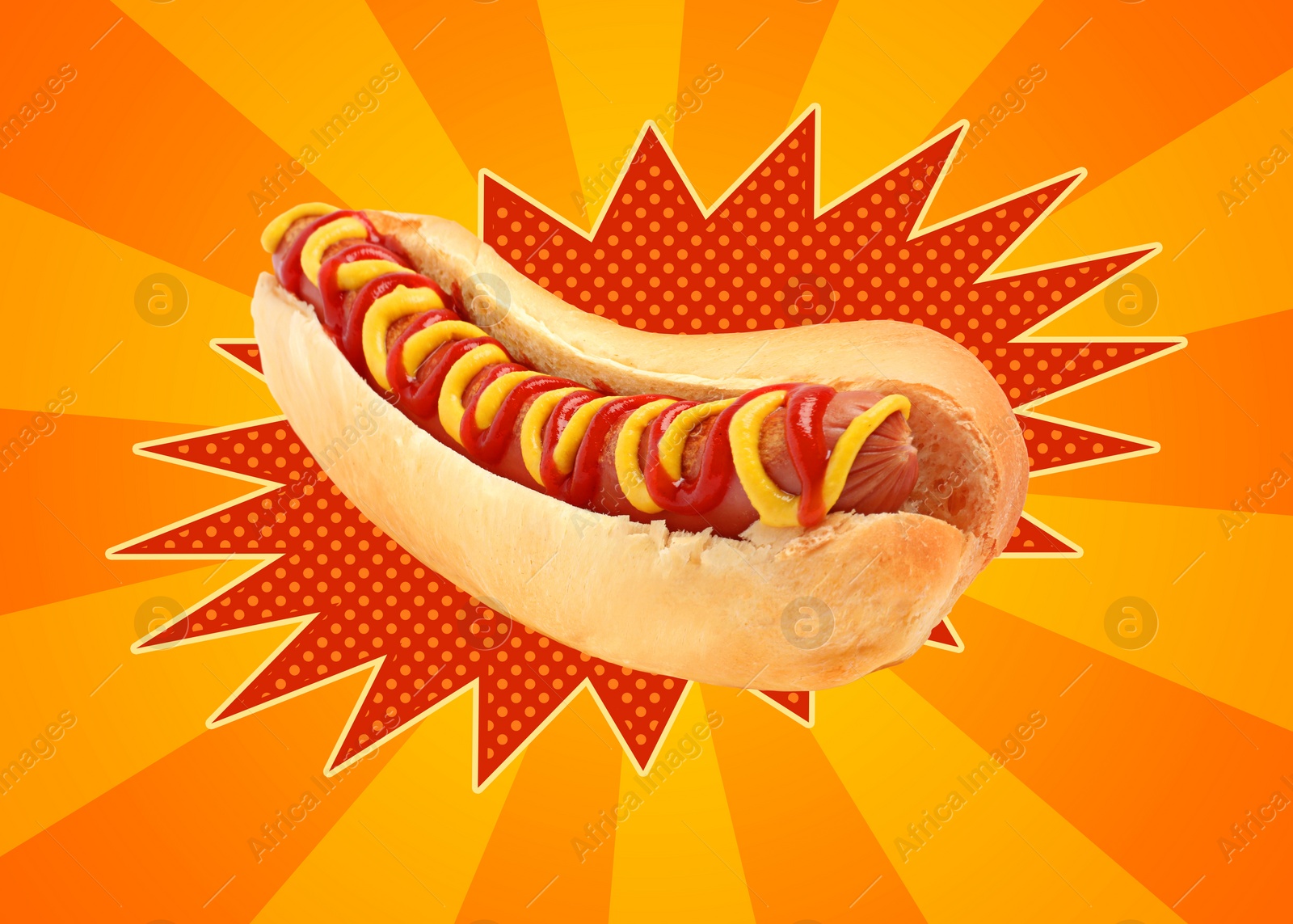 Image of Yummy hot dog with ketchup and mustard on bright comic background