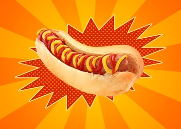 Image of Yummy hot dog with ketchup and mustard on bright comic background