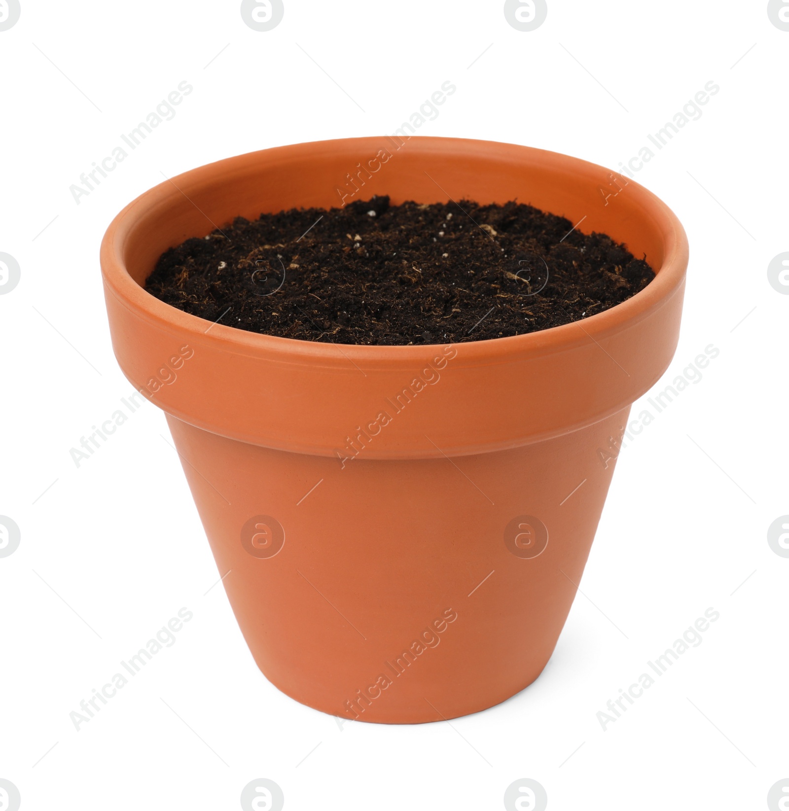 Photo of Clay flower pot with soil isolated on white