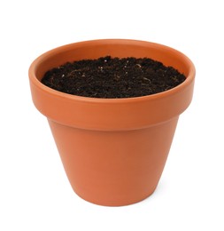 Photo of Clay flower pot with soil isolated on white