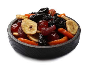 Mix of delicious dried fruits in wooden bowl isolated on white