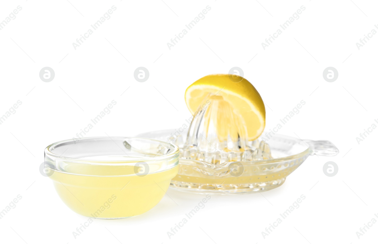 Photo of Freshly squeezed lemon juice on white background