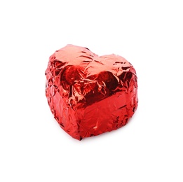 Photo of Heart shaped chocolate candy in red foil on white background