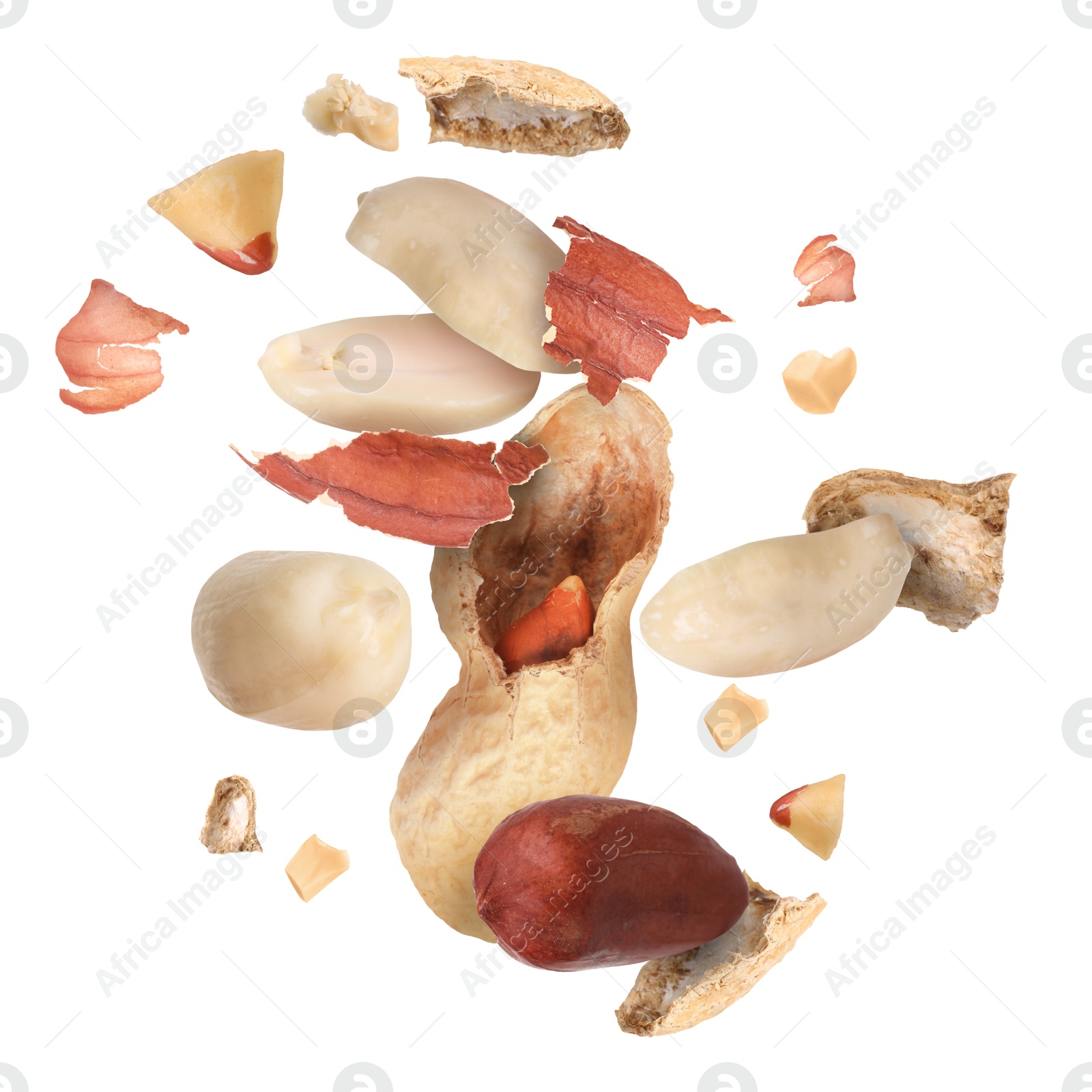 Image of Peanuts and crushed pod in air on white background