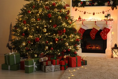 Living room interior with fireplace and festive decor. Christmas celebration