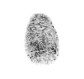 Photo of Black fingerprint made with ink on white background, top view