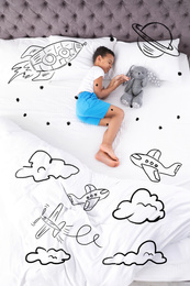 Image of Sweet dreams. Cute African American boy sleeping, above view. Spaceship, stars and planet illustrations on foreground