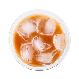Photo of Plastic cup of fresh iced coffee isolated on white, top view