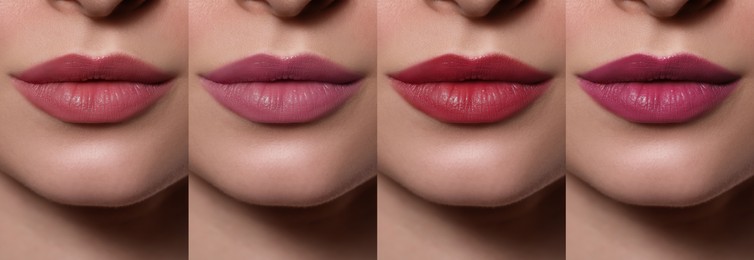 Image of Collage with photos of young woman with different lipsticks, closeup. Banner design