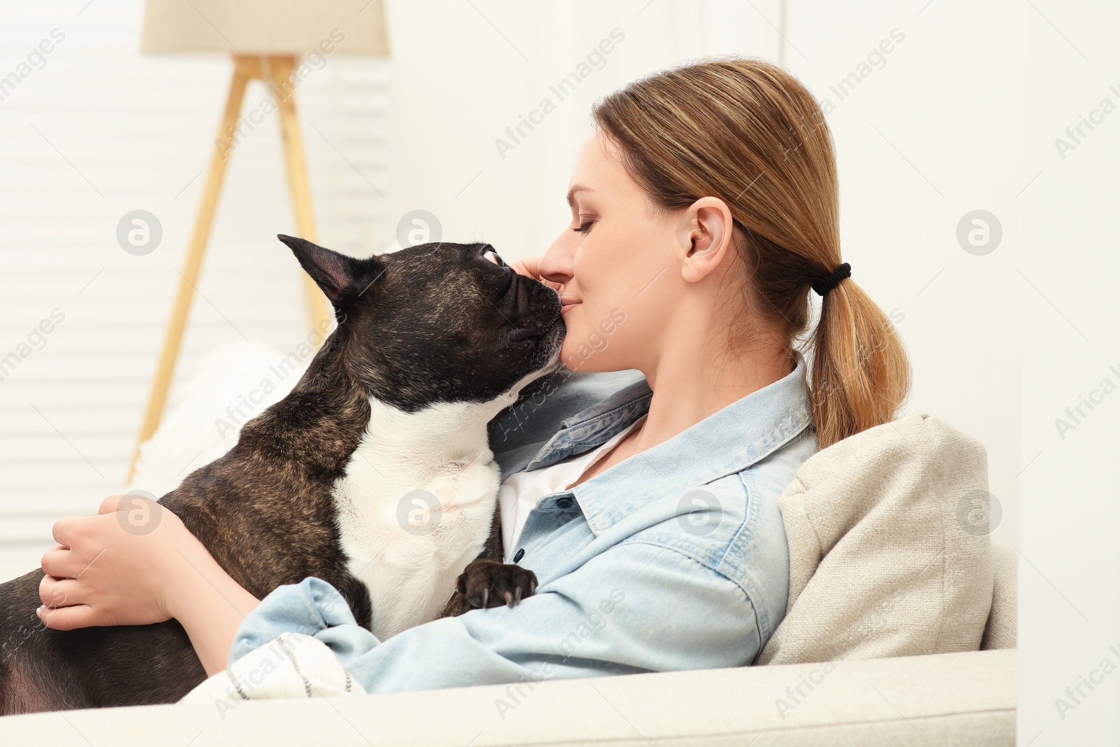 Photo of Happy woman hugging cute French Bulldog on sofa in room