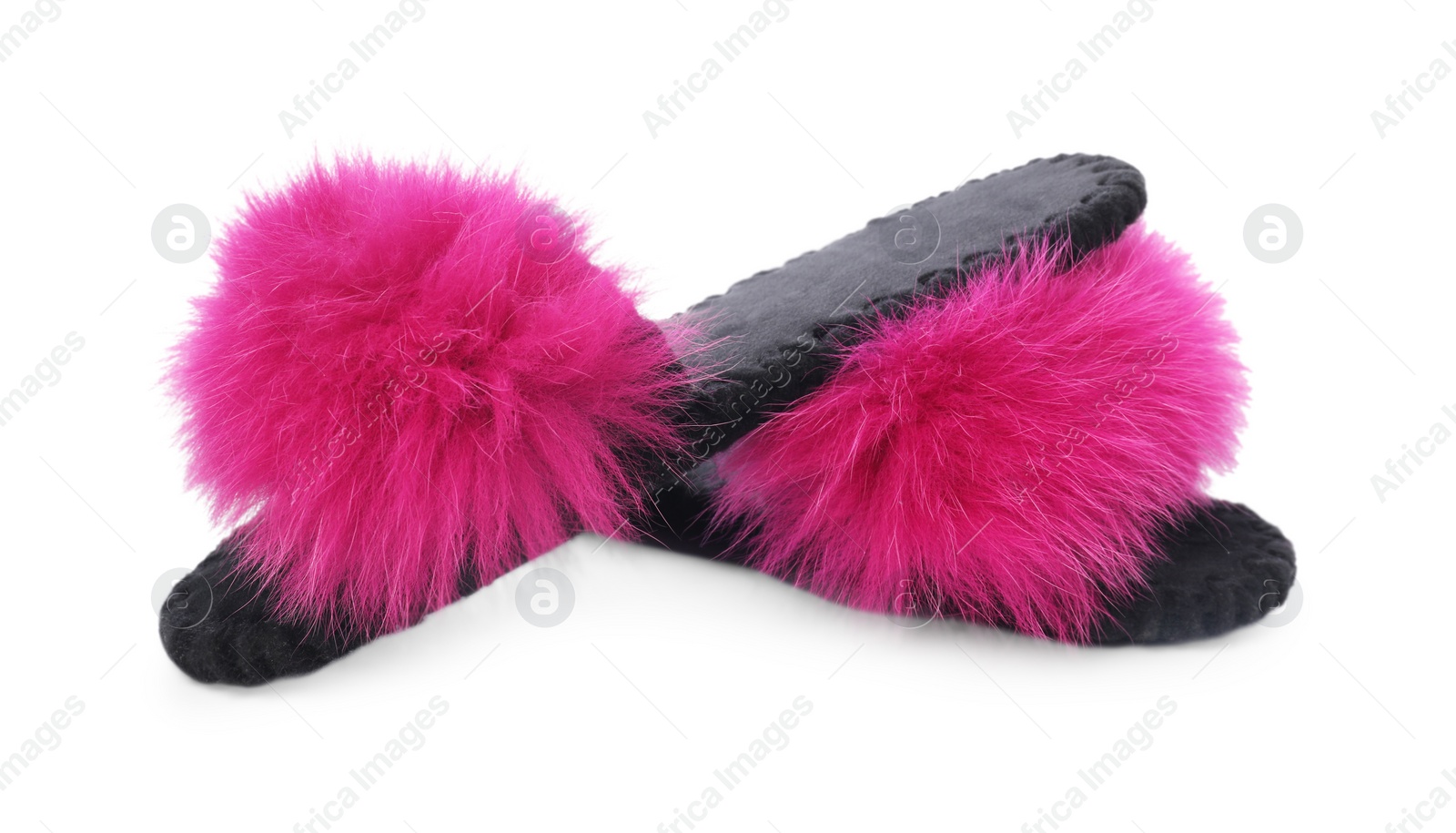 Photo of Pair of fluffy slippers isolated on white