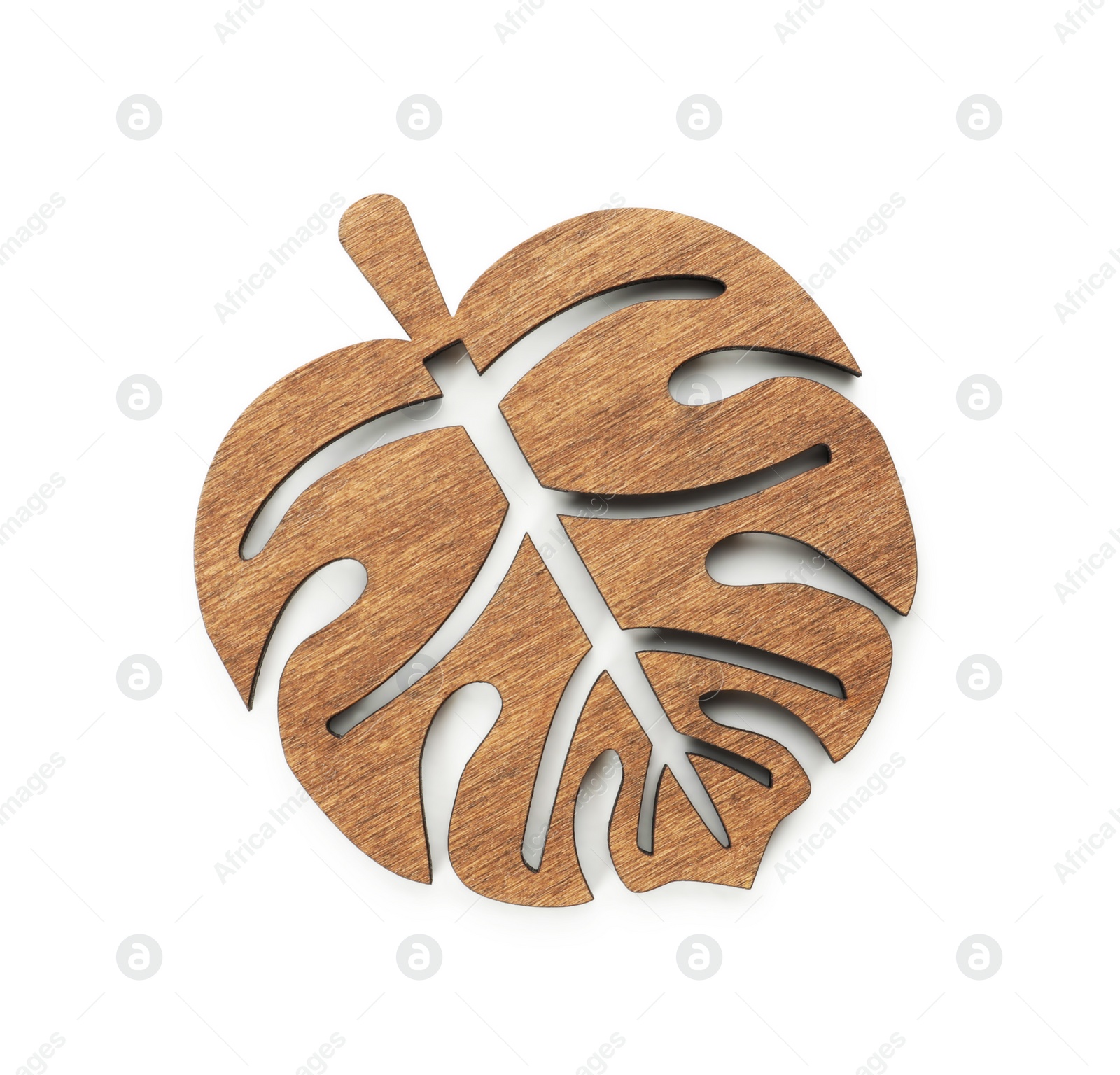 Photo of Leaf shaped wooden cup coaster isolated on white, top view