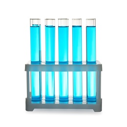 Photo of Test tubes with blue liquid on white background