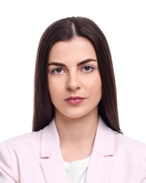 Passport photo. Portrait of woman on white background