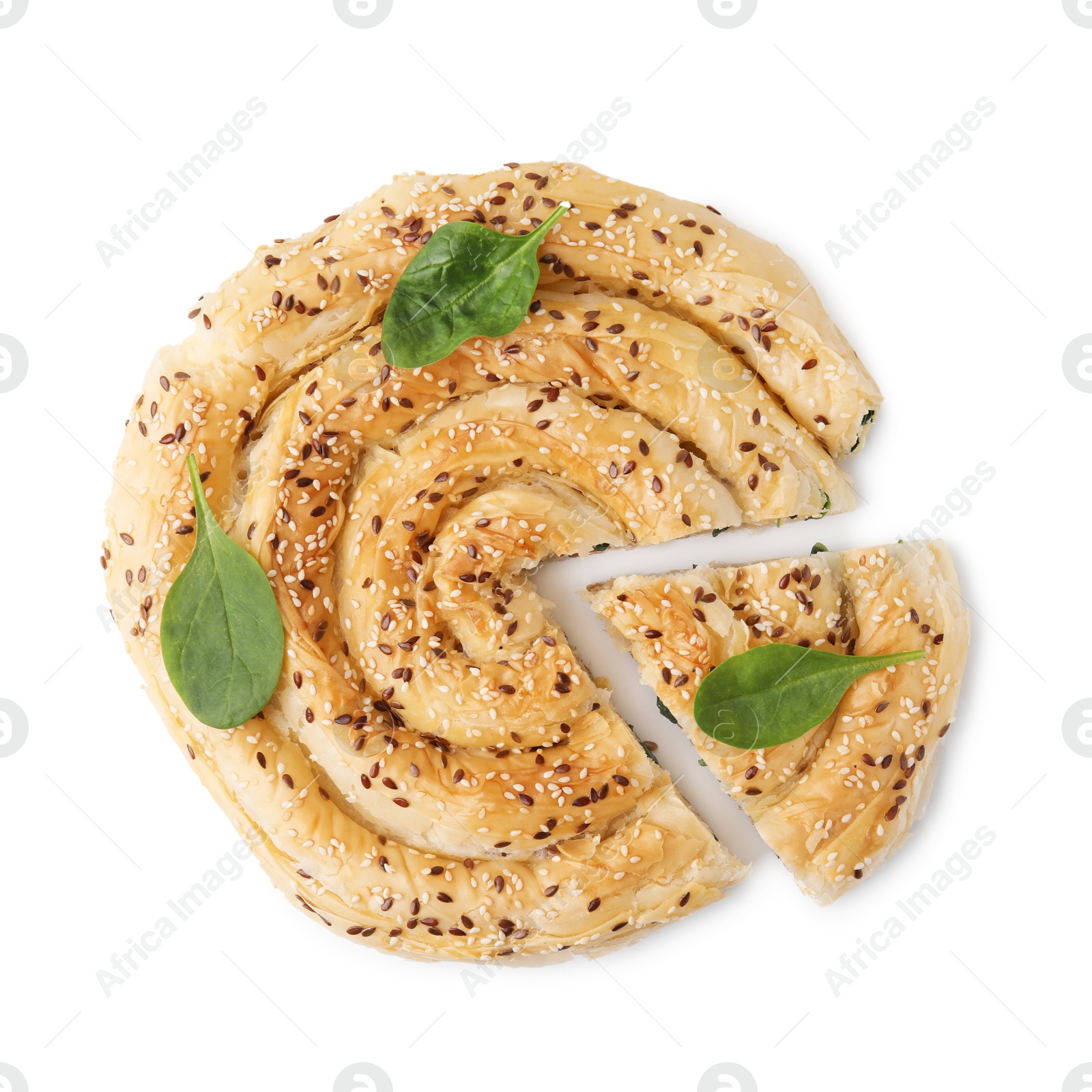 Photo of Delicious puff pastry with spinach isolated on white, top view