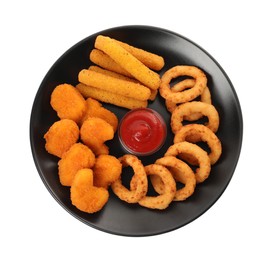 Photo of Tasty chicken nuggets, fried onion rings, cheese sticks and ketchup isolated on white, top view