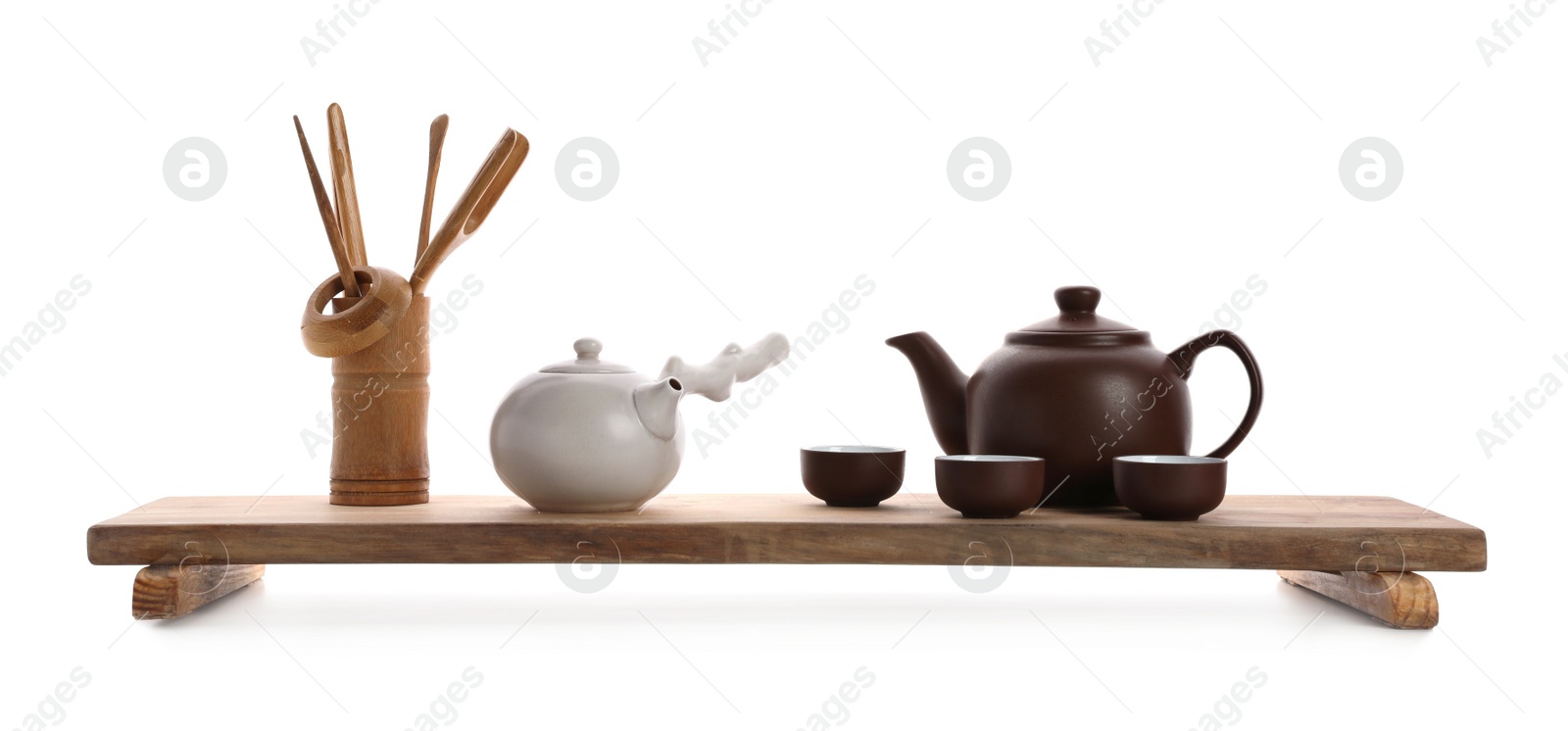 Photo of Beautiful set for traditional tea ceremony on white background