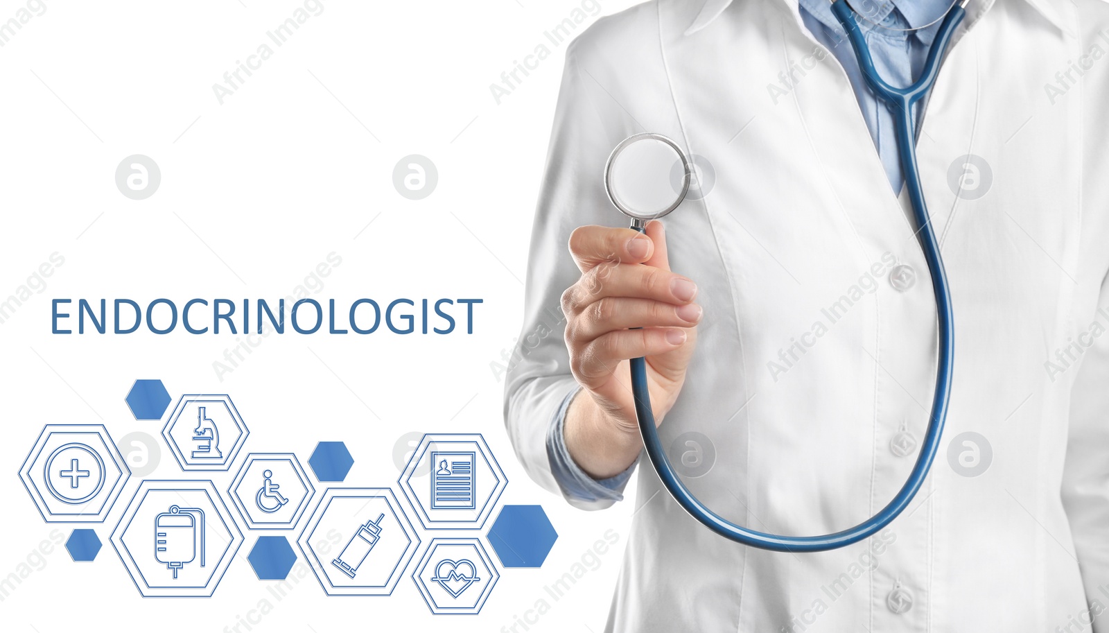 Image of Endocrinologist with stethoscope and different icons on white background, closeup. Banner design