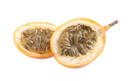 Halves of delicious ripe granadilla isolated on white