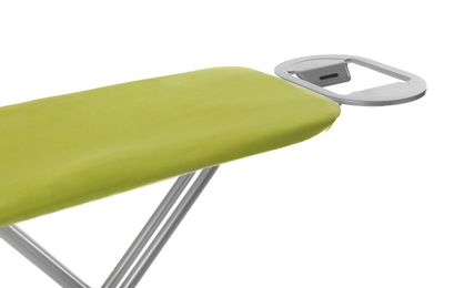 Photo of Modern empty ironing board on white background