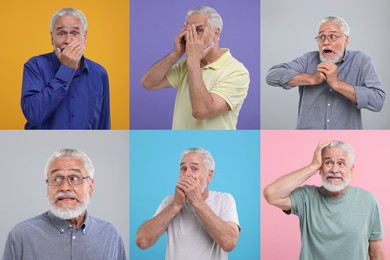 Image of Collage with photos of embarrassed senior man on different color backgrounds