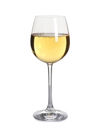 Glass of delicious expensive wine on white background