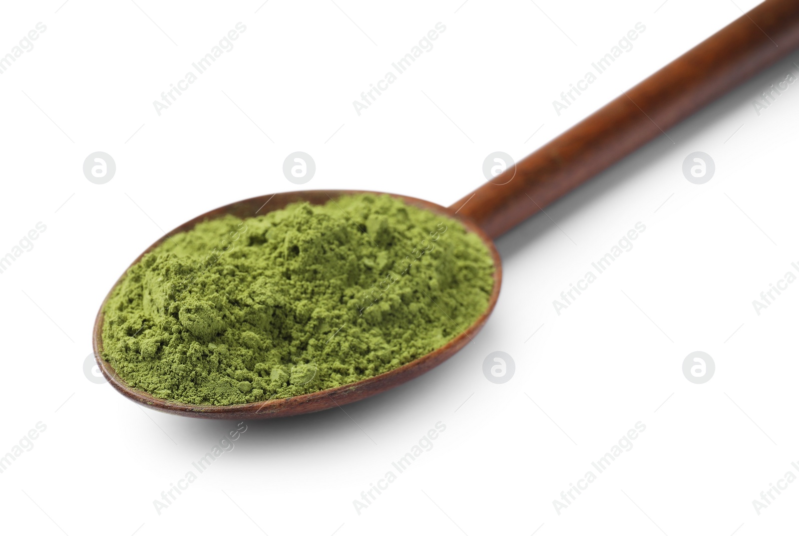 Photo of Spoon of green matcha powder isolated on white