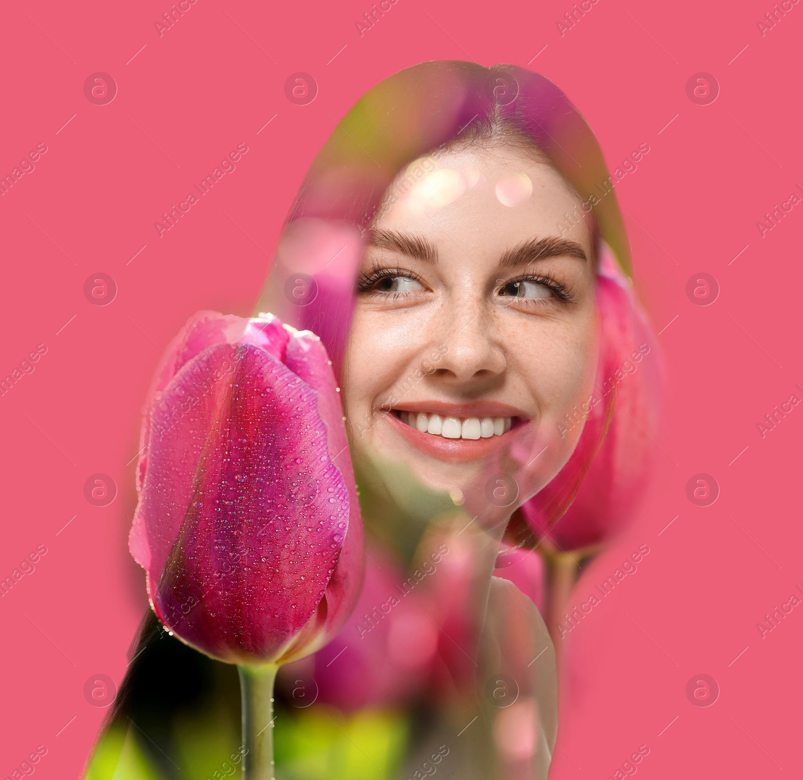 Image of Double exposure of beautiful woman and blooming flowers on pink background