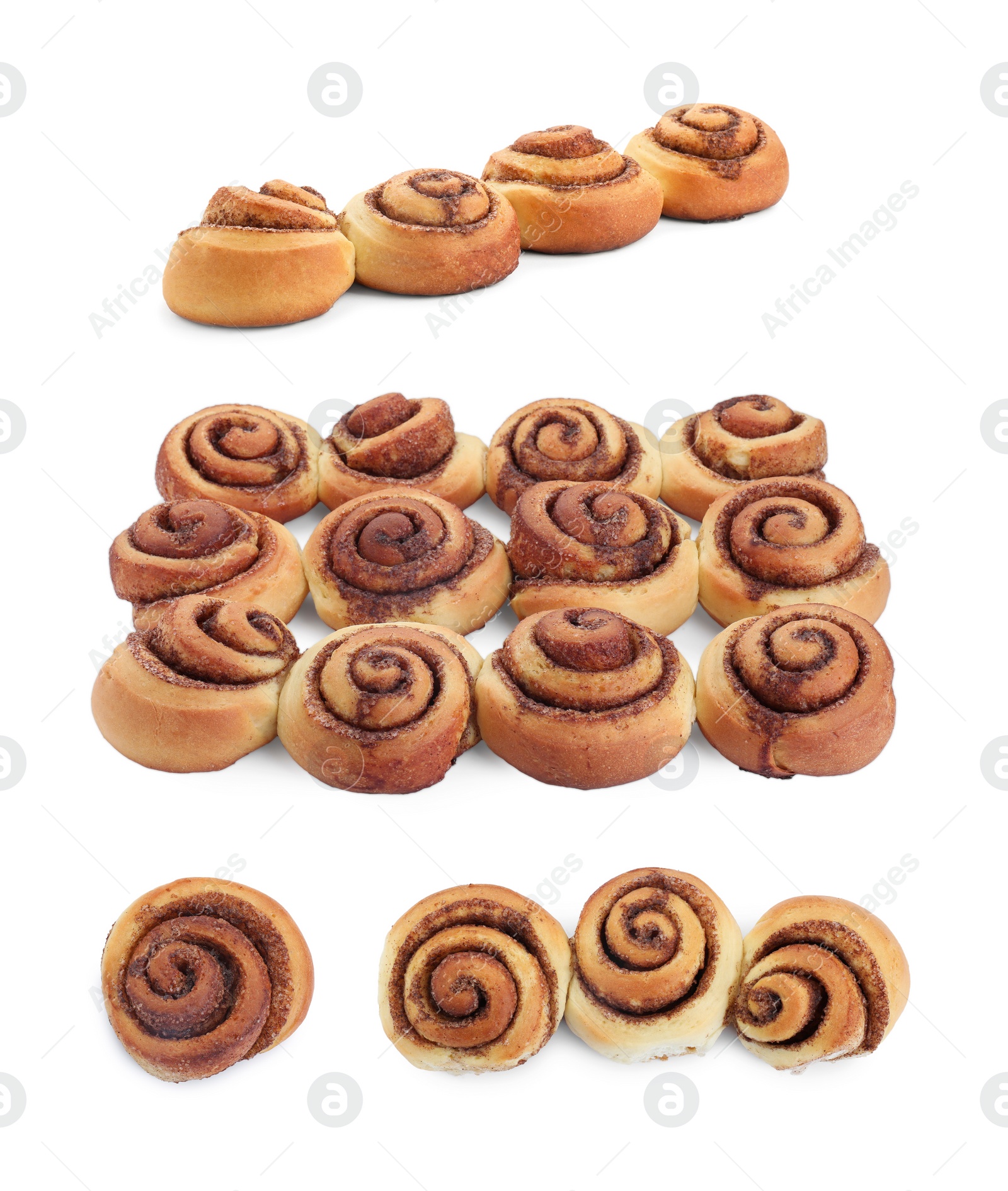 Image of Tasty cinnamon rolls isolated on white, set