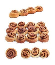 Image of Tasty cinnamon rolls isolated on white, set