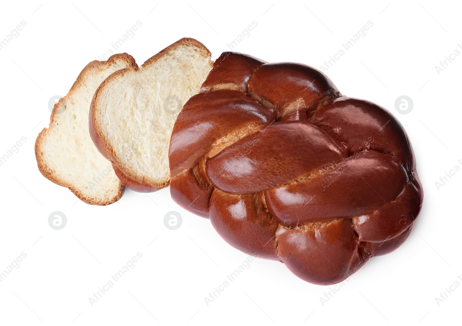 Photo of Cut homemade braided bread isolated on white, top view. Traditional Shabbat challah