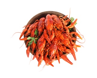 Bowl with delicious boiled crayfishes isolated on white, top view